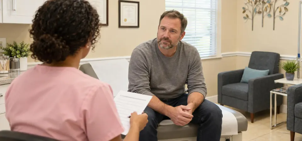 Provider reviewing a hormone panel with a patient at Advanced Optimal Healthcare in Lutz, FL